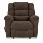 A dark brown upholstered recliner chair with padded backrest, armrests, and a cushioned seat, shown against a plain white background.