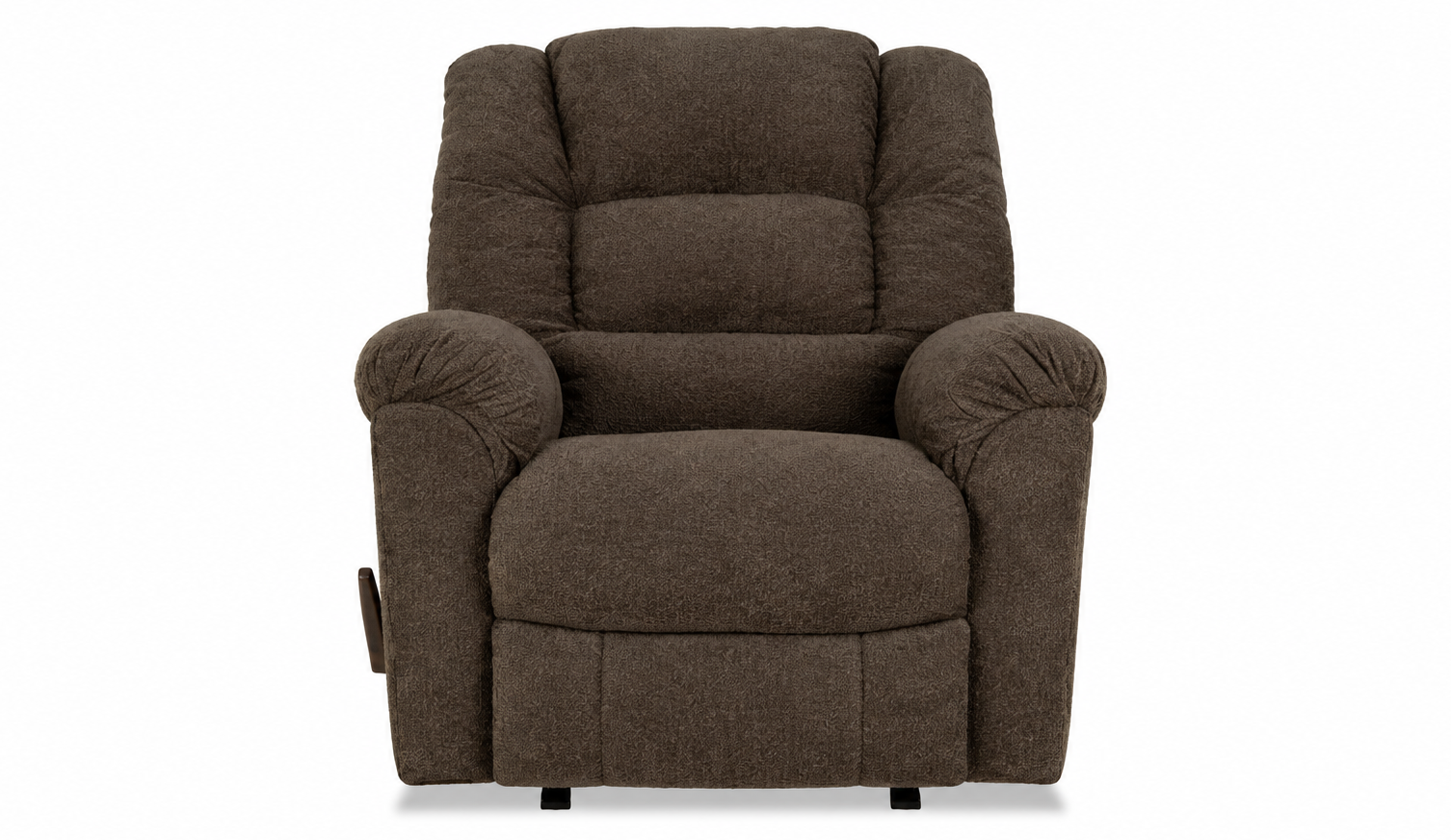 A dark brown upholstered recliner chair with padded backrest, armrests, and a cushioned seat, shown against a plain white background.