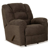 A dark brown upholstered recliner chair shown from a three-quarter angle on a plain white background.