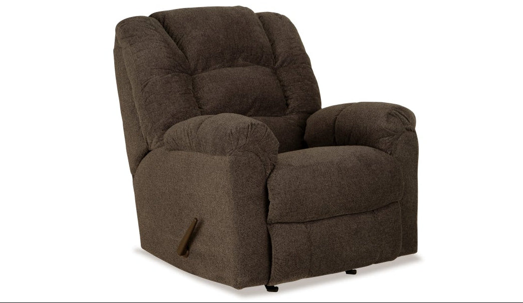 A dark brown upholstered recliner chair shown from a three-quarter angle on a plain white background.