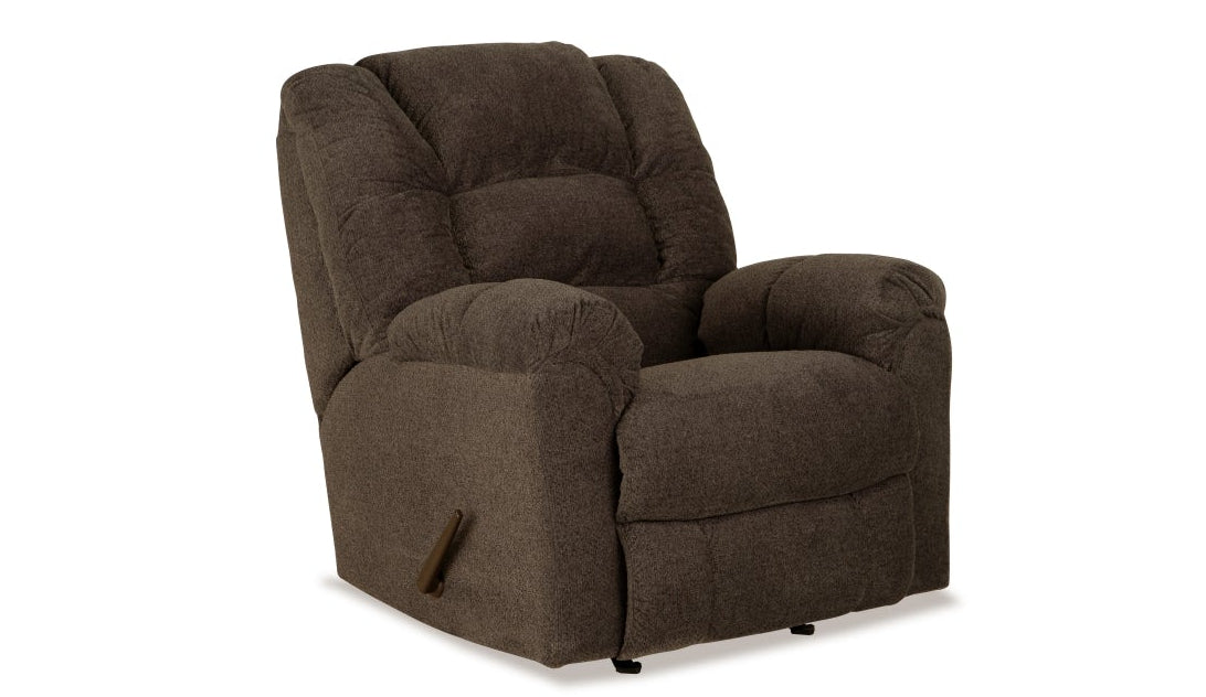 A dark brown upholstered recliner chair shown from a three-quarter angle on a plain white background.