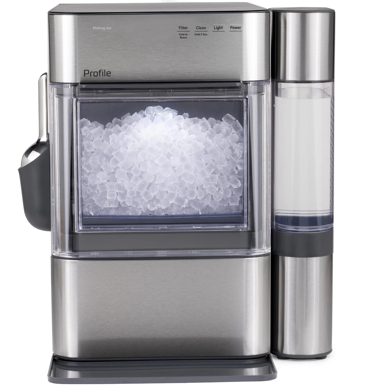 Stainless steel ice maker with clear container on a white background