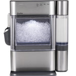 Stainless steel ice maker with clear container on a white background