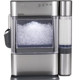 Stainless steel ice maker with clear container on a white background