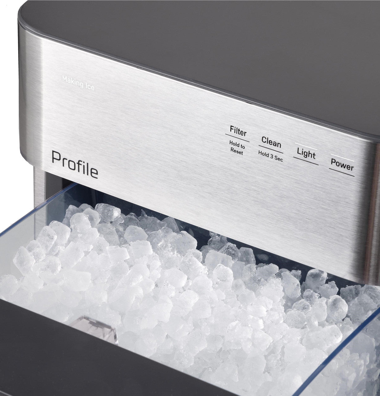 Ice maker with 'Profile' branding and ice cubes visible