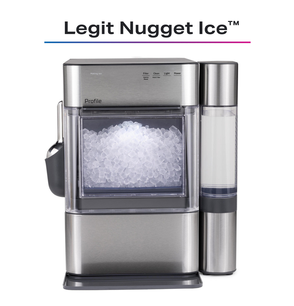 Portable ice maker with 'Legit Nugget Ice' text on a white background