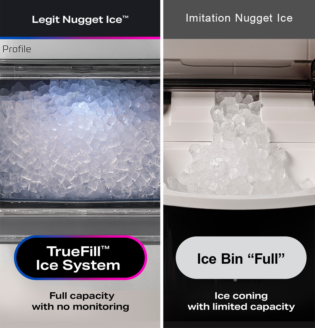 Comparison of Legit Nugget Ice and Imitation Nugget Ice with TrueFill Ice System labels.