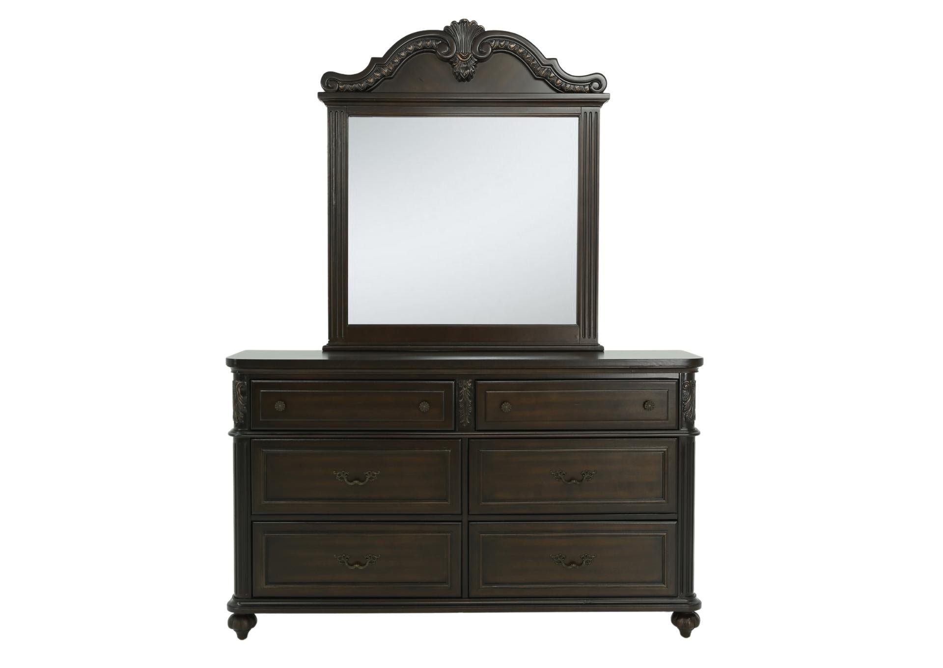 A dark brown wooden dresser with six drawers and an attached rectangular mirror featuring an ornate carved top frame, shown against a plain white background.