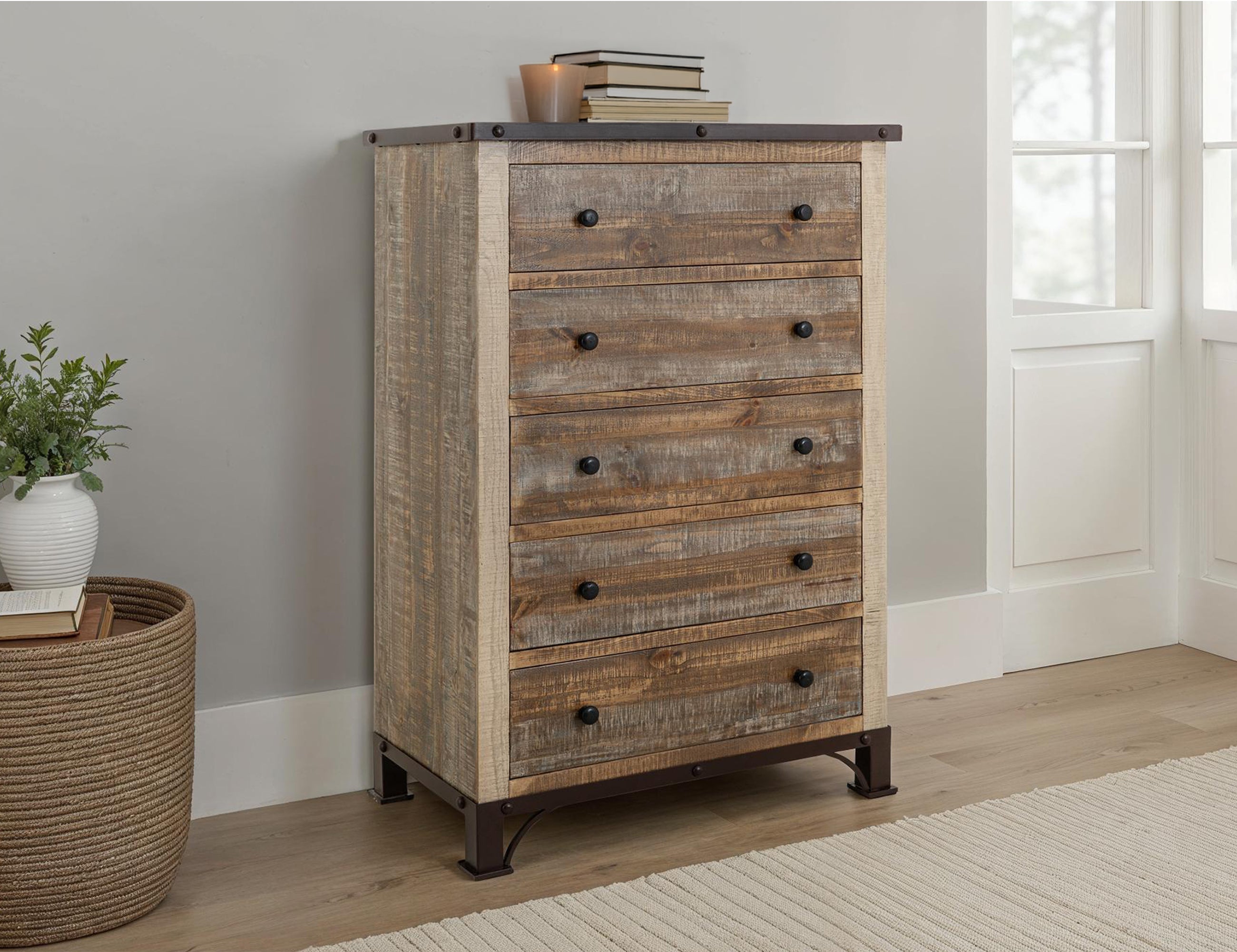 International Furniture Direct - PRAGA 5 DRAWER CHEST - Light Brown Wood - Chests - Additional View 3