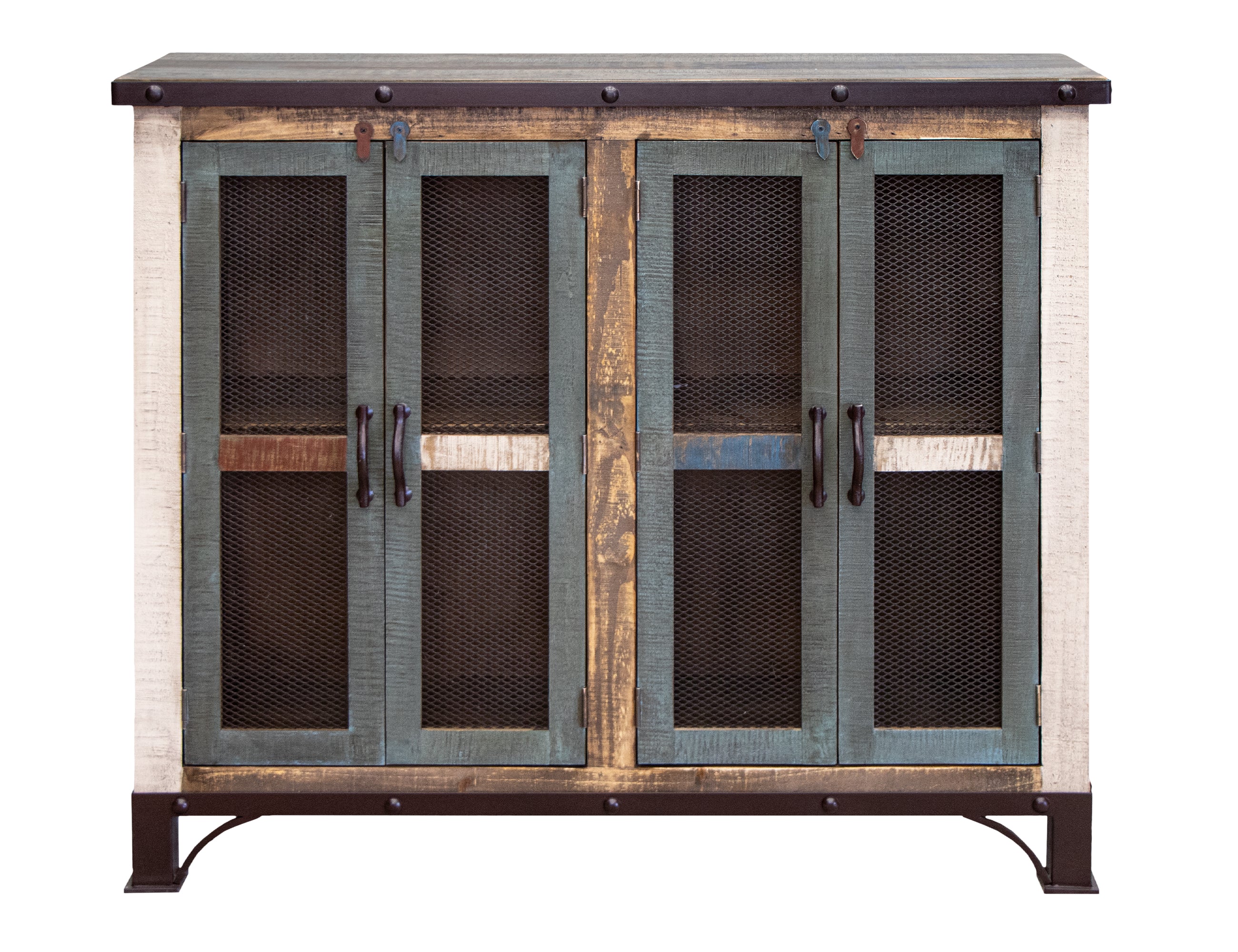 International Furniture Direct - ANTIQUE 4 DOOR CONSOLE - Light Brown Wood|Iron - Tables