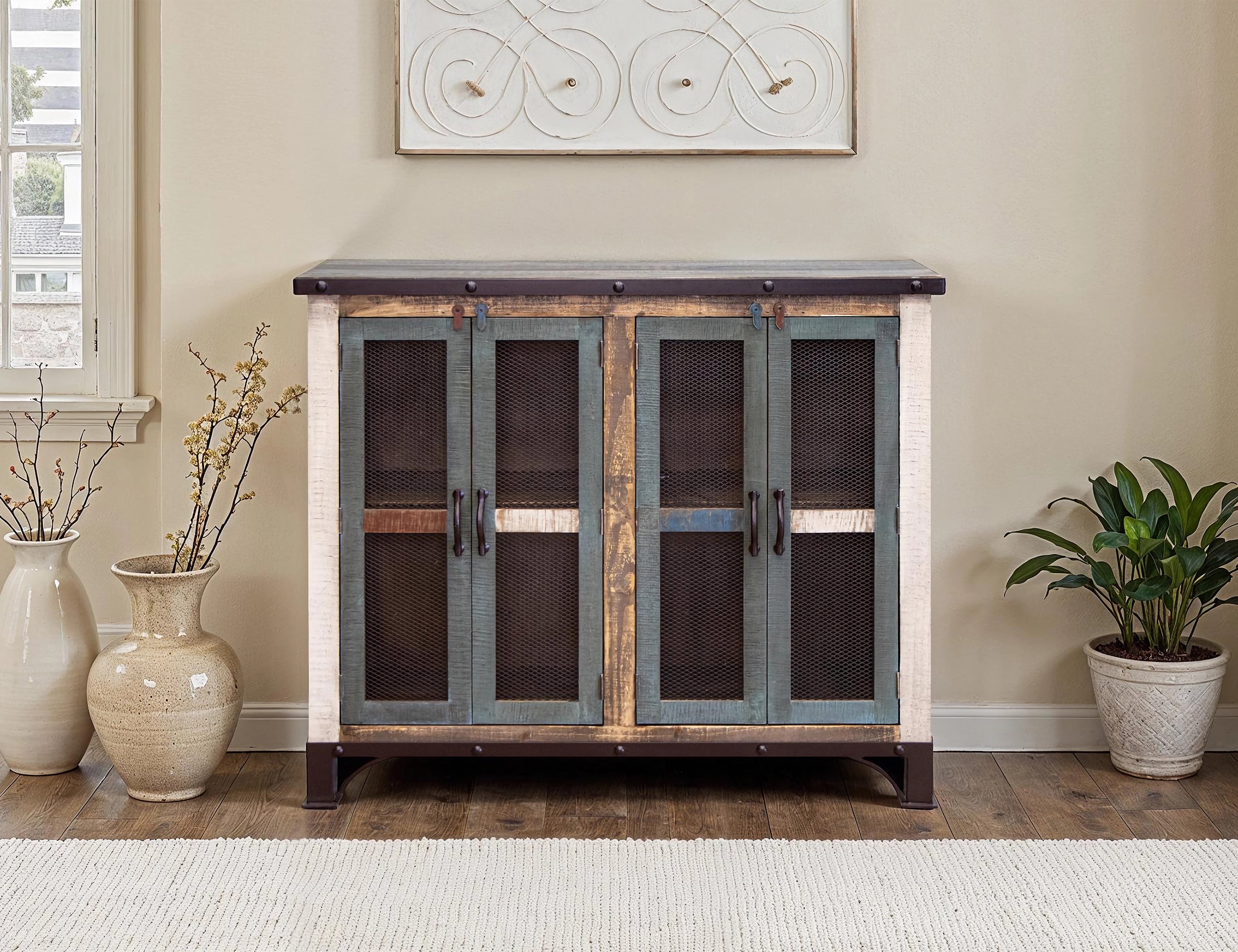 International Furniture Direct - ANTIQUE 4 DOOR CONSOLE - Light Brown Wood|Iron - Tables - Additional View 3