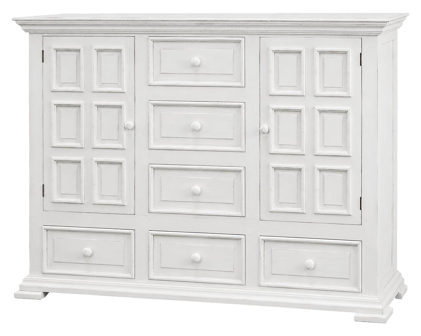 A white wooden dresser with six drawers and cabinet doors featuring a classic paneled design and small round knobs, shown against a plain white background.