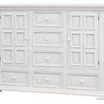 A white wooden dresser with six drawers and cabinet doors featuring a classic paneled design and small round knobs, shown against a plain white background.