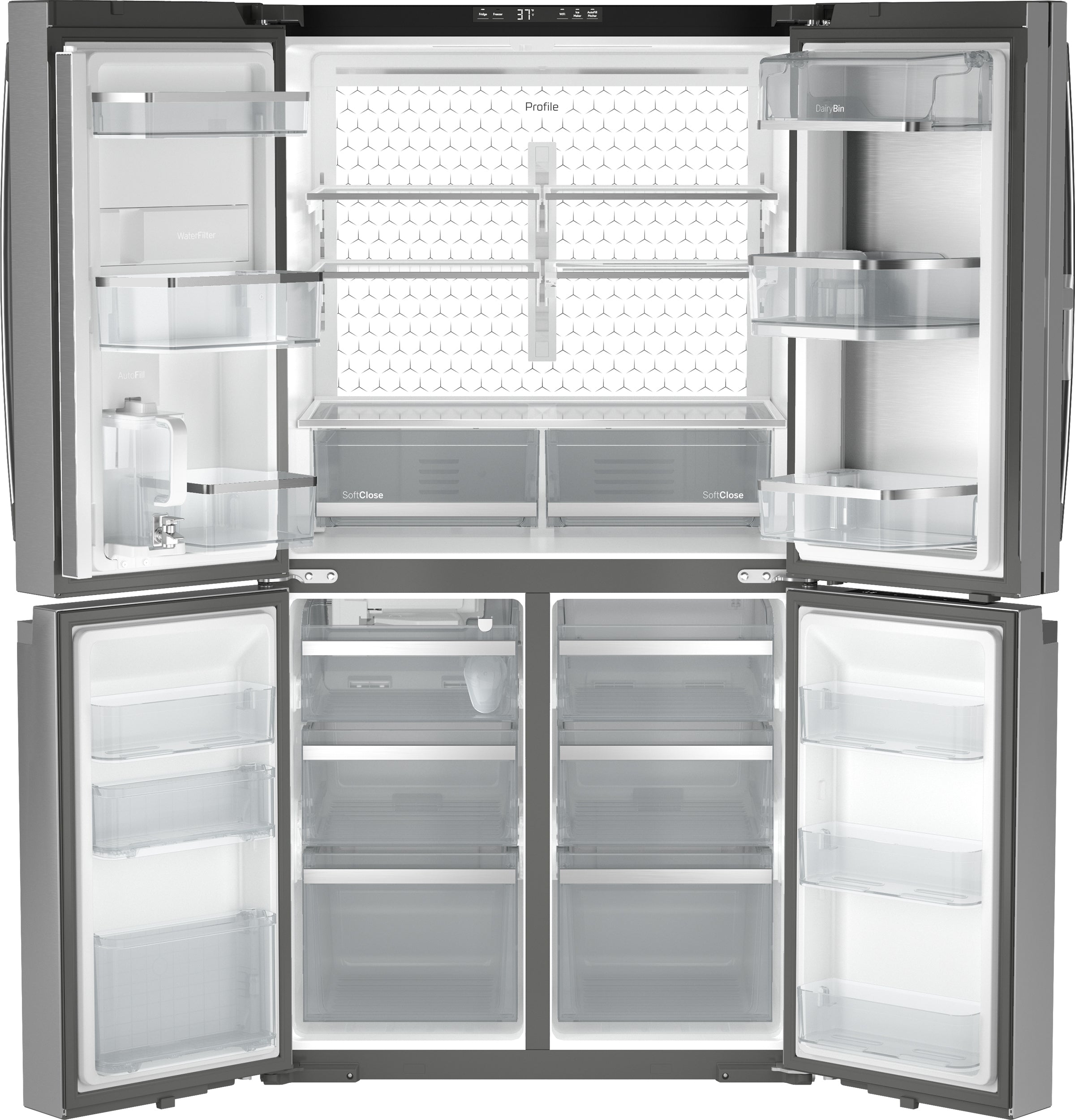 GE PROFILE FINGREPRINT RESISTANT STAINLESS STEEL 28.4CU QUAD DOOR REFRIGERATOR - Pearl Silver - Refrigerators - Additional View 1