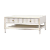 White coffee table with a single drawer and gold handles on a white background