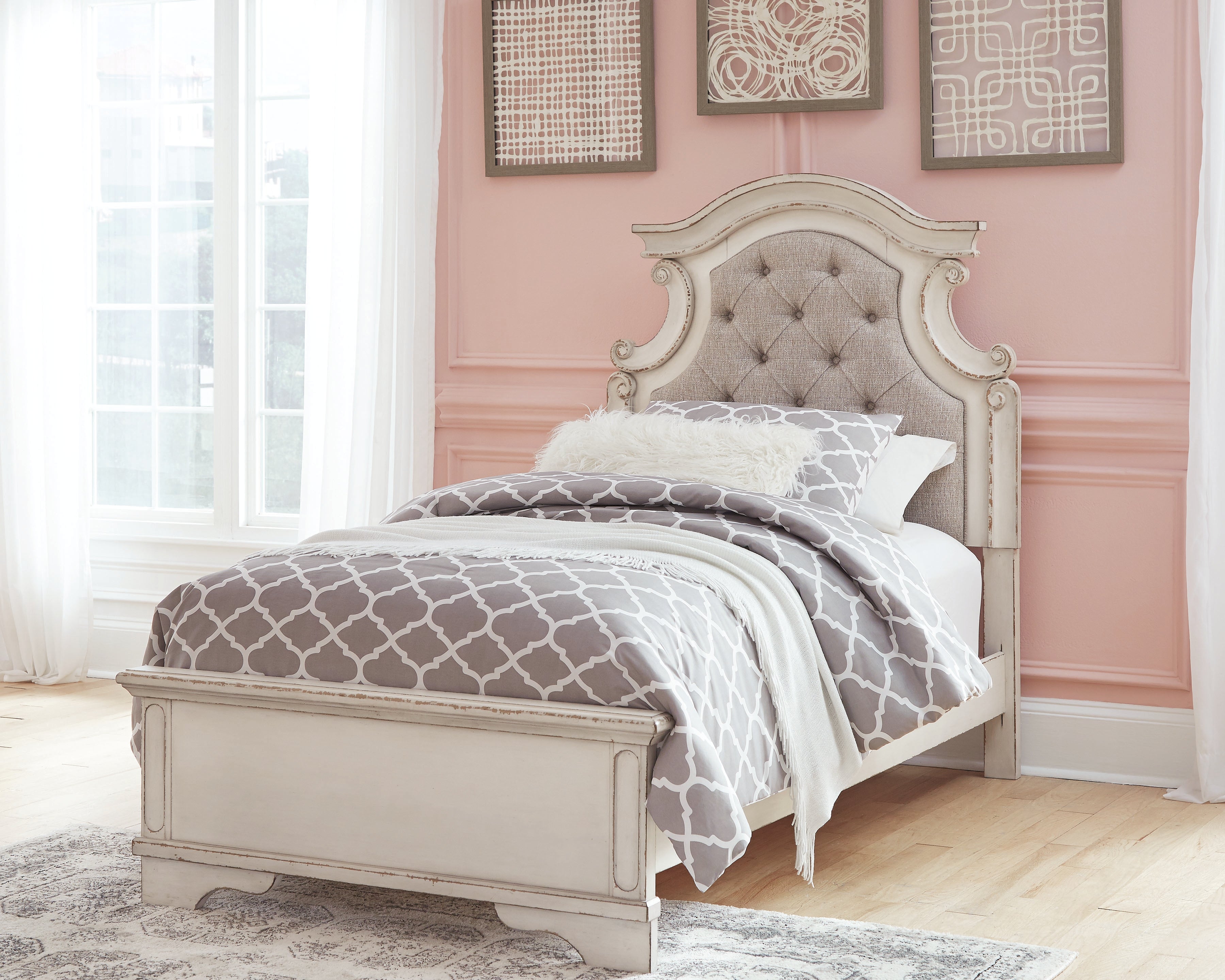 Ashley Furniture - REALYN TWIN PANEL BED - White Wood|Fabric - Beds - Additional View 1