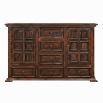 A dark brown wooden storage dresser with multiple drawers and paneled doors, shown against a plain white background.