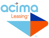 Acima Leasing logo on a white background, featuring the word 'acima' in light blue with a small orange and blue accent above the 'i', 'Leasing' in orange, and a geometric play-button shape split into light blue, dark blue, and orange sections.