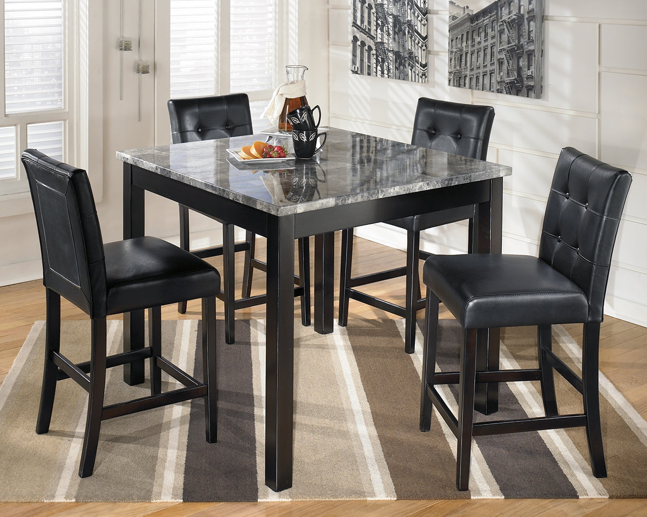Ashley Furniture - MAYSVILLE 5 PIECE PUB DINING SET - Black Faux Marble|Leather Match|Wood - Dining Room Sets - Additional View 1
