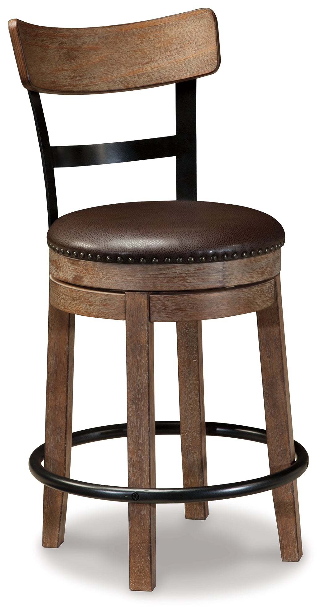 Ashley Furniture - PINNADEL 24" UPHOLSTERED SWIVEL BARSTOOL - Light Brown Leather Match|Metal|Wood - Stools