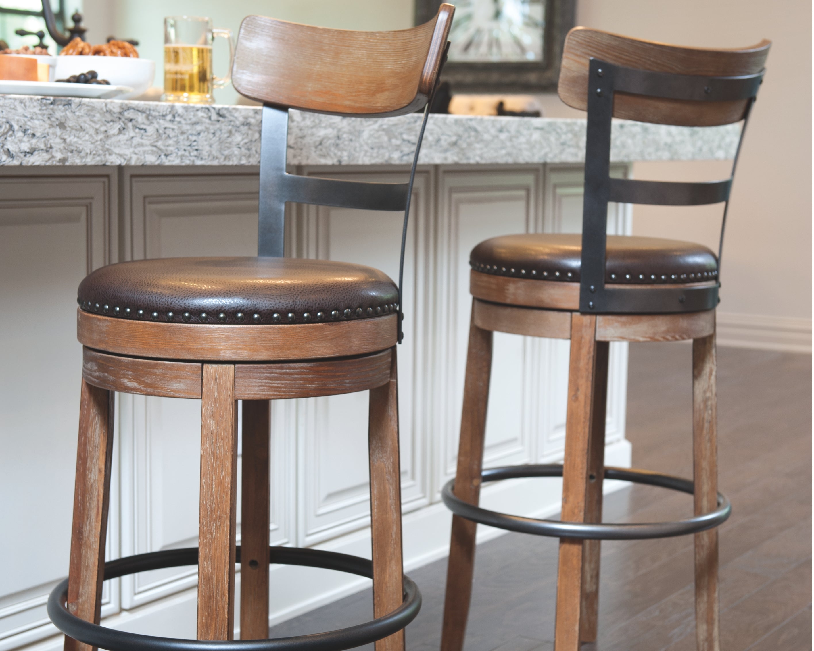 Ashley Furniture - PINNADEL 30" UPHOLSTERED SWIVEL BARSTOOL - Light Brown Metal|Wood - Stools - Additional View 2