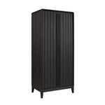 A tall black double-door cabinet with vertical paneling and tapered legs, shown on a plain white background.