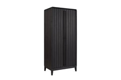 A tall black double-door cabinet with vertical paneling and tapered legs, shown on a plain white background.