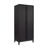 A tall black double-door cabinet with vertical paneling and tapered legs, shown on a plain white background.
