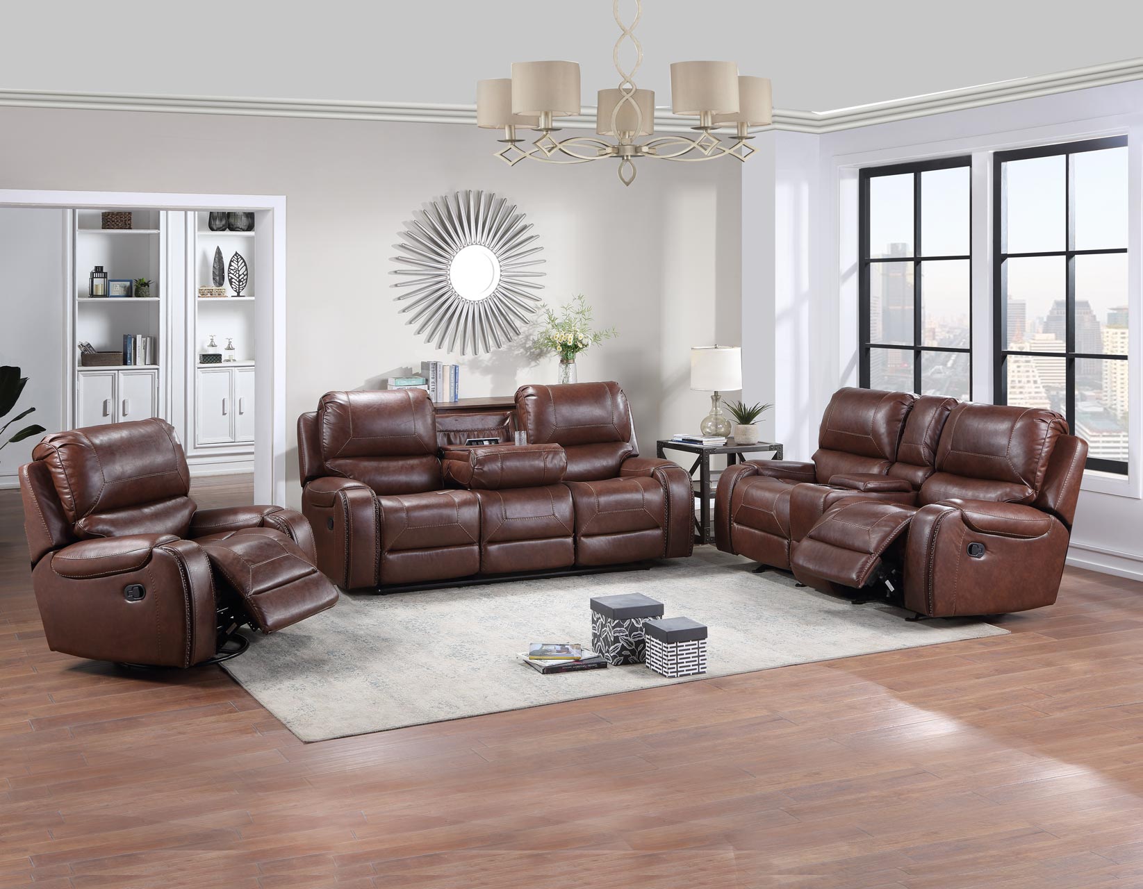 Brown leather reclining sofa set in a living room with wooden floor and large windows.