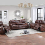 Brown leather reclining sofa set in a living room with wooden floor and large windows.