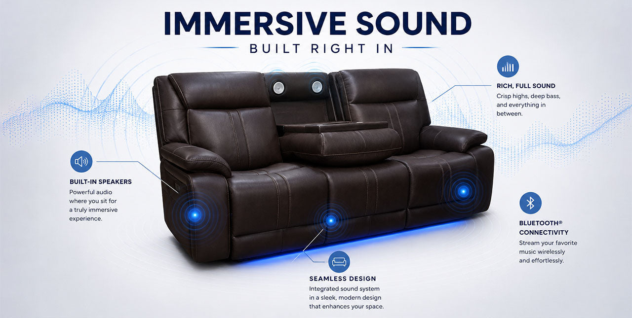 A dark brown leather reclining sofa shown on a light blue and white promotional graphic with text callouts and the MOTOMOTION logo. The image highlights features such as built-in speakers, rich full sound, Bluetooth connectivity, and seamless design.