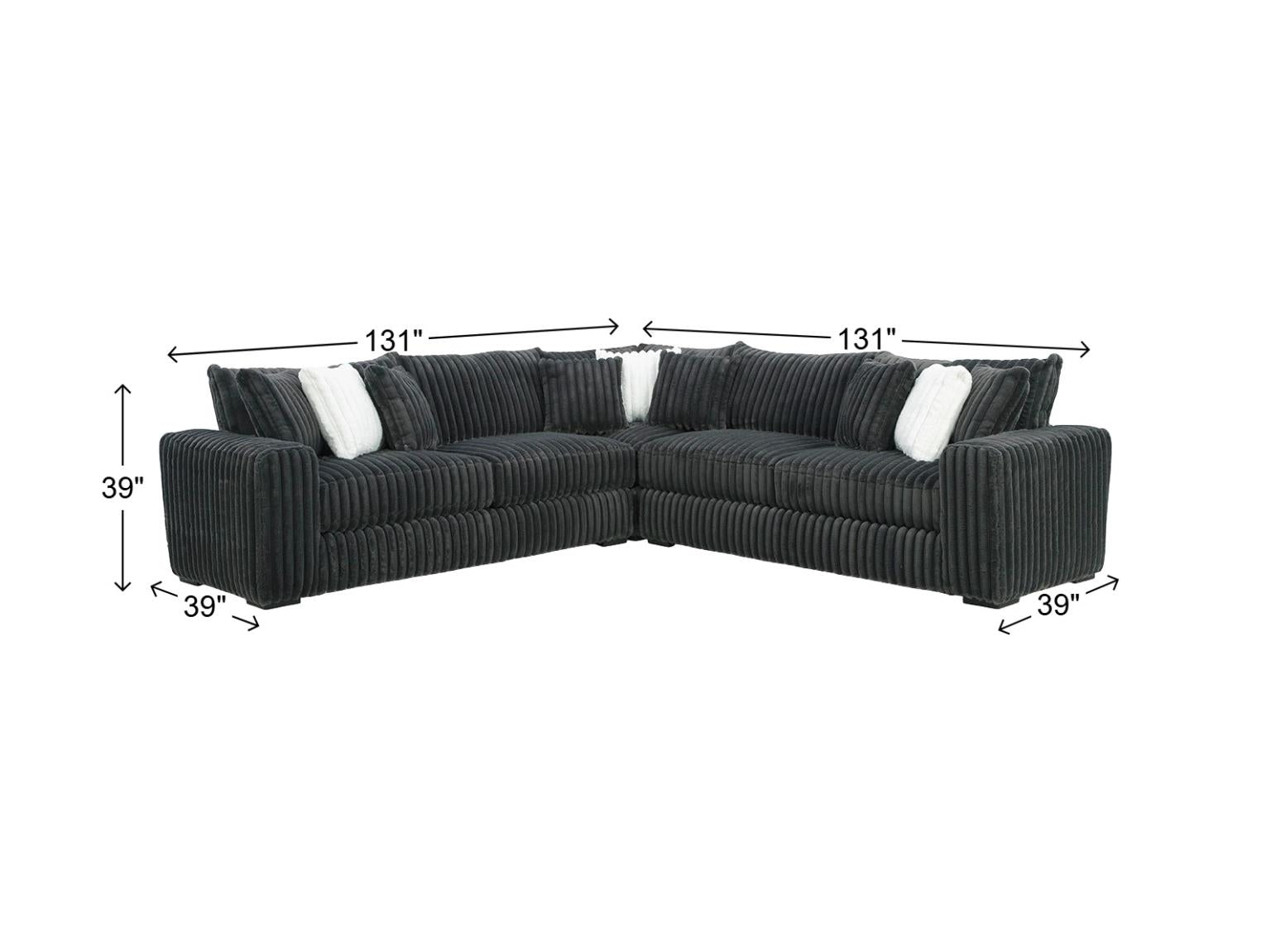 Black corduroy sectional sofa with white accent pillows, shown with dimension lines and labels indicating 131 inches width, 39 inches height, and 39 inches depth.