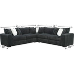 Black corduroy sectional sofa with white accent pillows, shown with dimension lines and labels indicating 131 inches width, 39 inches height, and 39 inches depth.