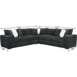 Black corduroy sectional sofa with white accent pillows, shown with dimension lines and labels indicating 131 inches width, 39 inches height, and 39 inches depth.