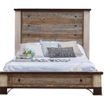 Wooden bed with rustic headboard and footboard on a white background