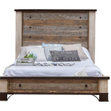 Wooden bed with rustic headboard and footboard on a white background