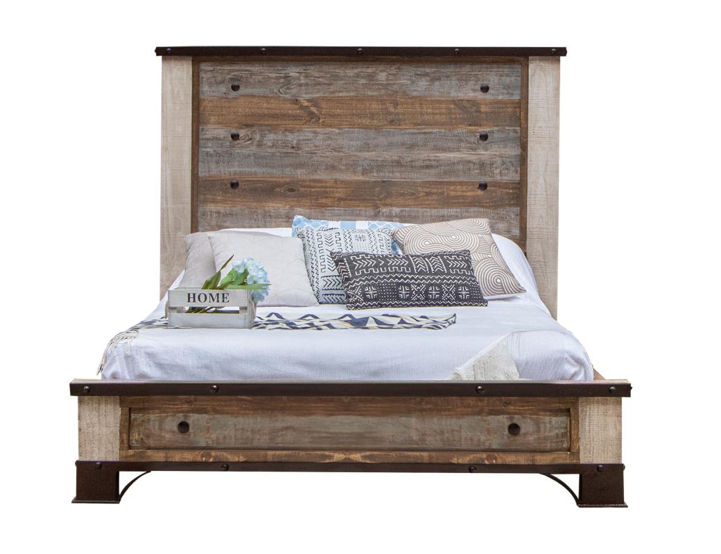 Wooden bed with rustic headboard and footboard on a white background