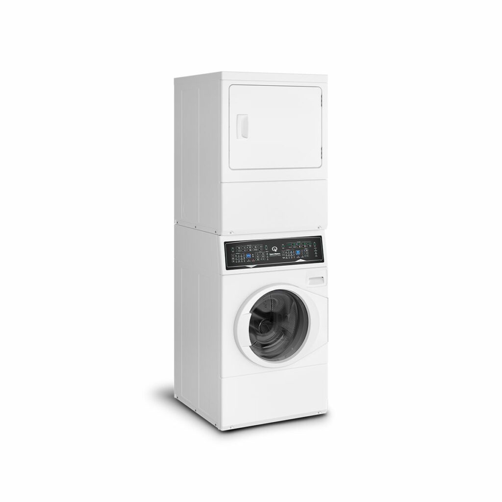 A stacked washer-dryer combo in white, featuring a top-loading dryer on top and a front-loading washer below with a black control panel, shown on a solid white background.