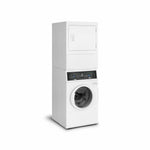 A stacked washer-dryer combo in white, featuring a top-loading dryer on top and a front-loading washer below with a black control panel, shown on a solid white background.